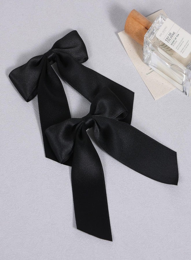 Miroksh 4" Black Silky Satin Ribbon Hair Bow Alligator Clips with Long Tail Cute Ponytail Decor Accessories for Women Halloween Graduation Party Dress New Year Gift - Image 2